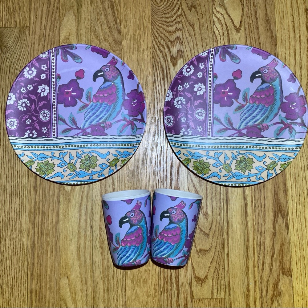 Anthropologie Matching Parrot Floral Purple and Blue Cups and Plates Set